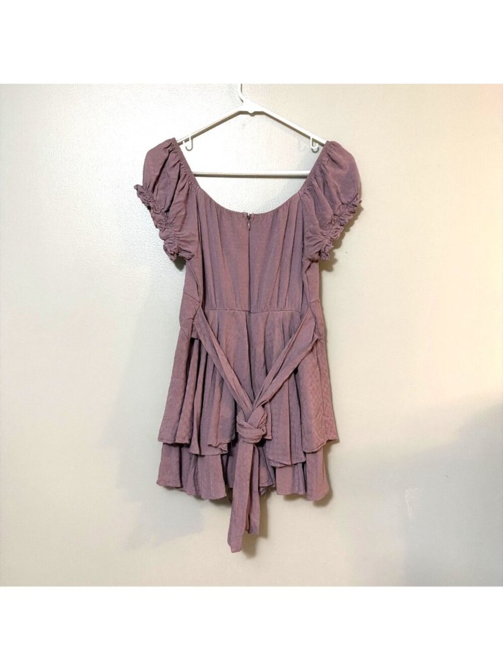 Altard State Mauve Ruffled Short Dress With Tie Waist & Puff Sleeves Coquette - Picture 2 of 4